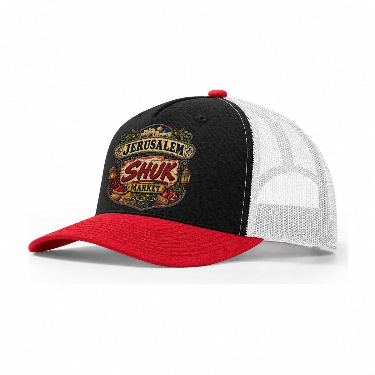 Shuk Market Sign Jerusalem Trucker Hat – Black Red White