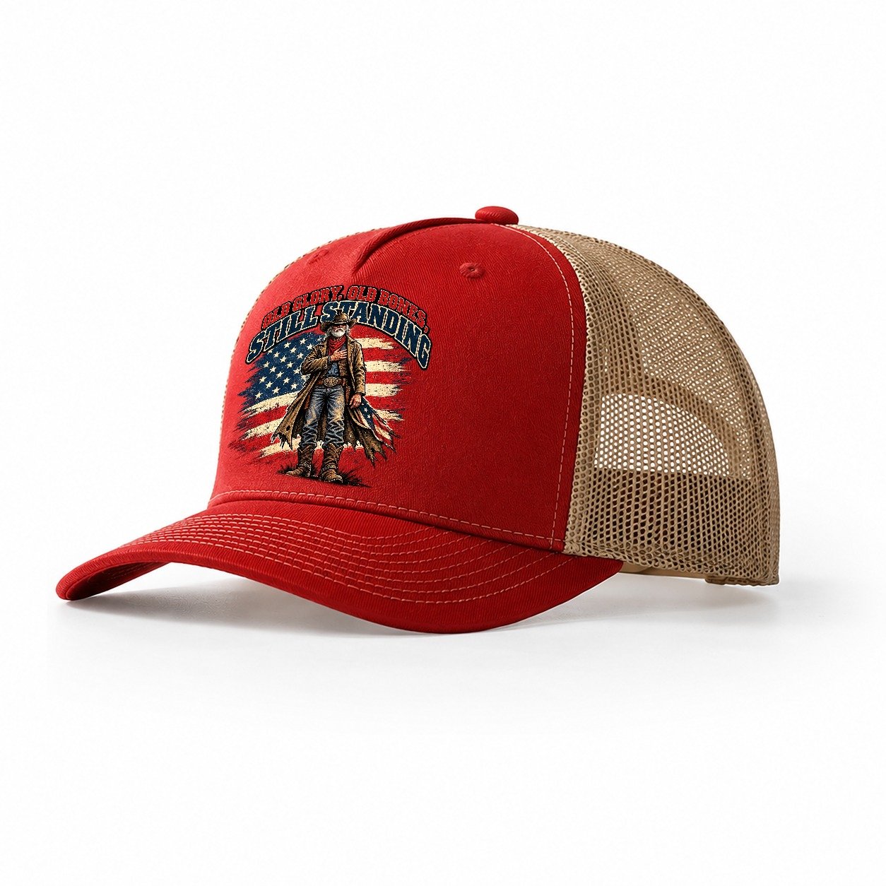 Old Glory Old Bones Still Standing Old Man Strong Trucker Hat – Red Khaki