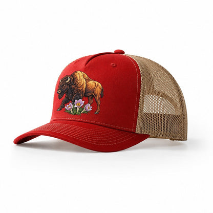 Wood Bison And Prairie Crocus Canada Cultural Icons Trucker Hat – Red Khaki