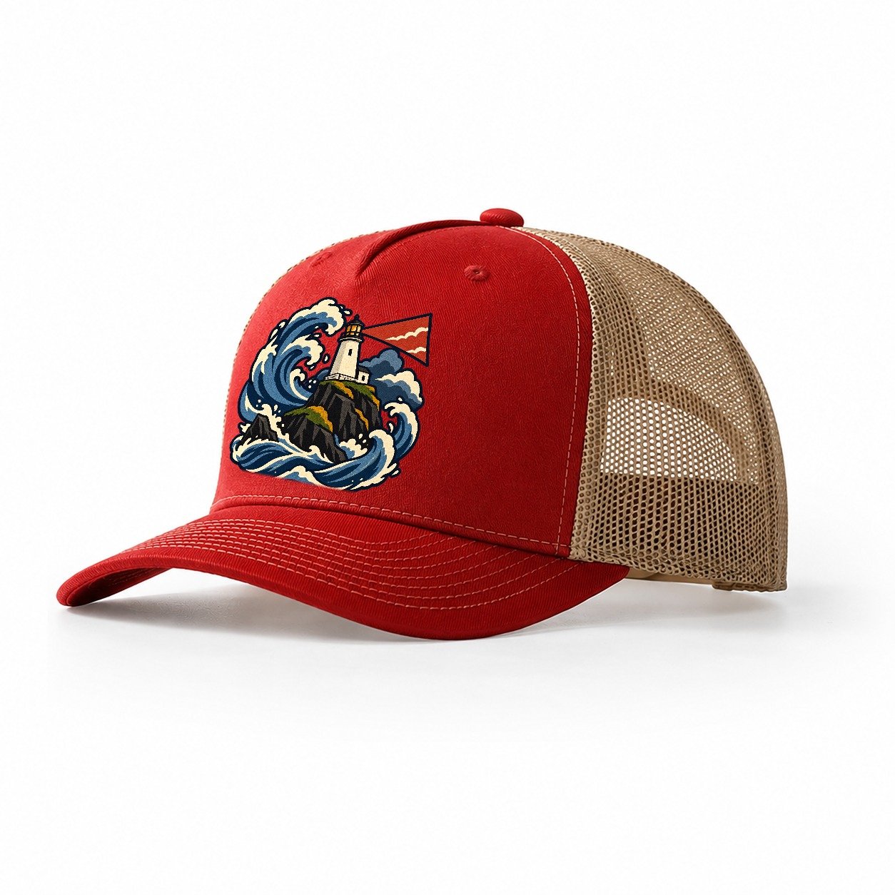 Hebridean Lighthouse And Storm Wave Uk Culture Heritage Trucker Hat – Red Khaki
