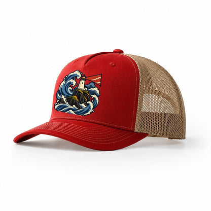 Hebridean Lighthouse And Storm Wave Uk Culture Heritage Trucker Hat – Red Khaki
