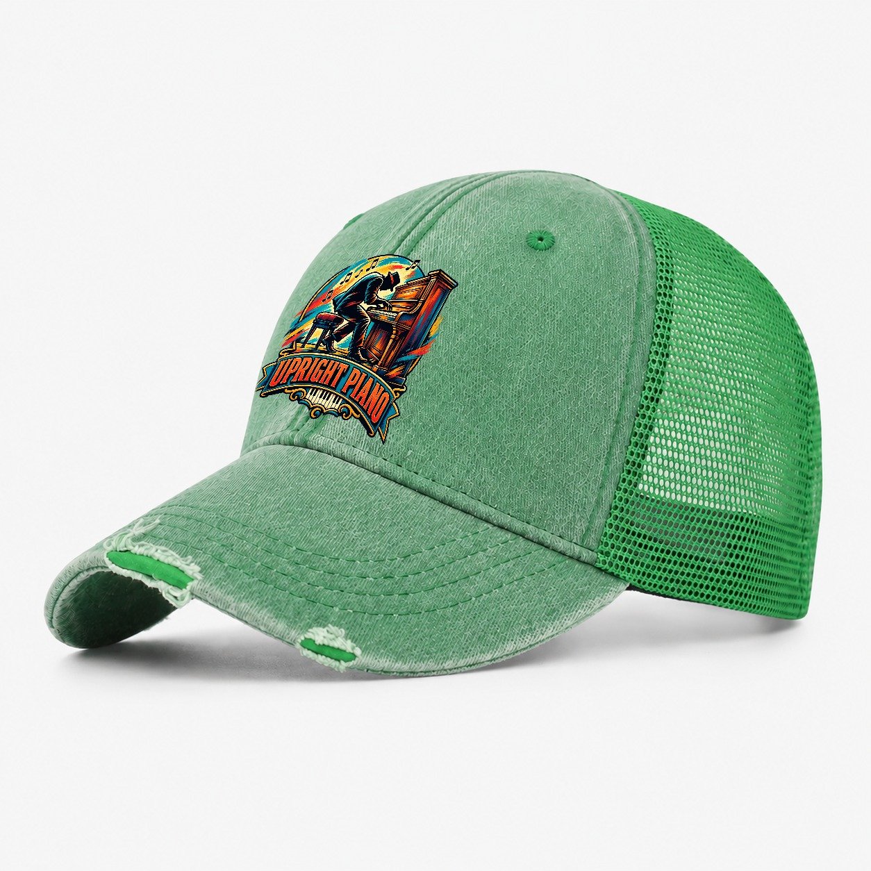Upright Piano Crest Music Instruments Washed Trucker Hat – Ink Green