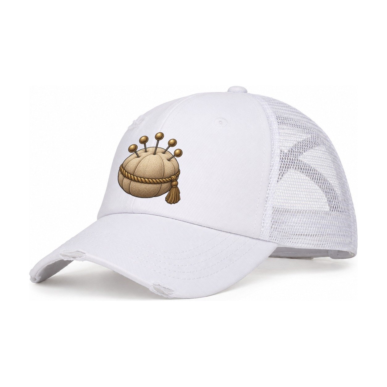 Pincushion And Pins Needlework Women's Ponytail Trucker Hat – White White