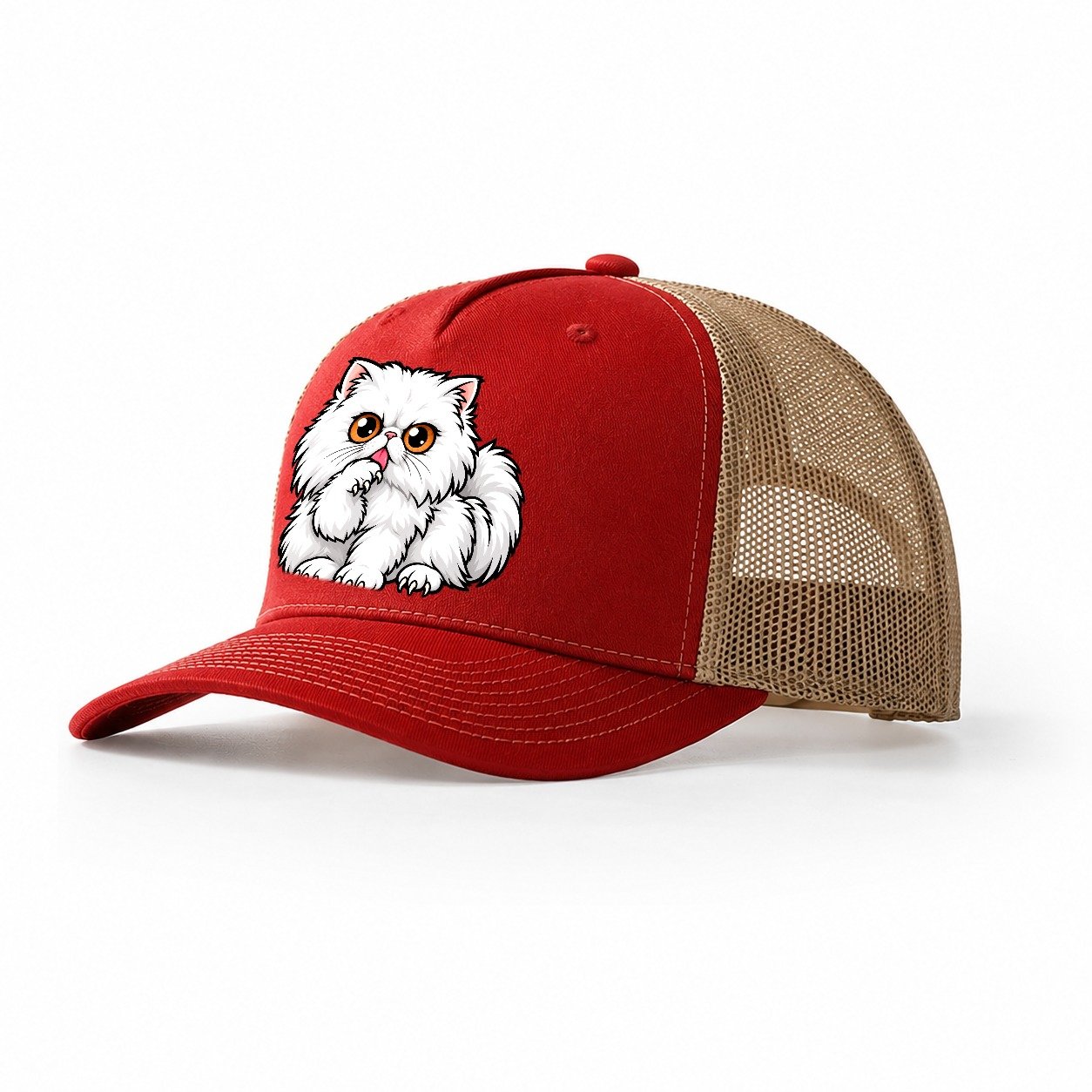 White Persian Grooming Peeking Cats Trucker Hat – Red Khaki