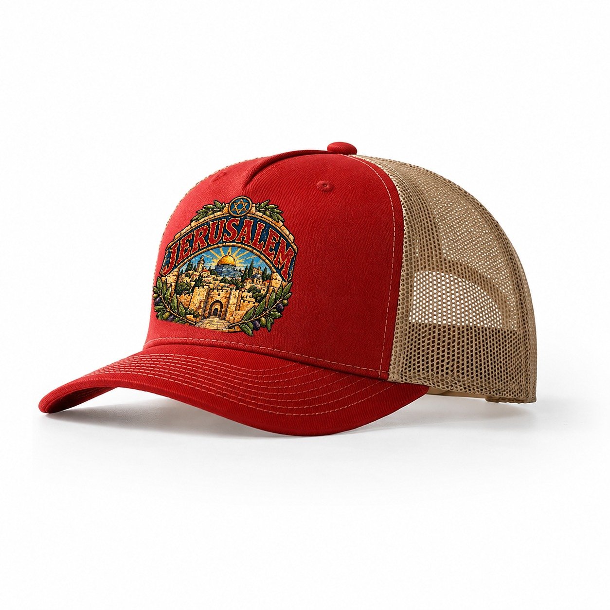 Holy City Arch Lettering Jerusalem Trucker Hat – Red Khaki