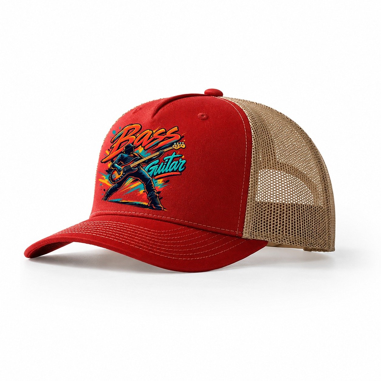 Bass Guitar Wordmark Music Instruments Trucker Hat – Red Khaki