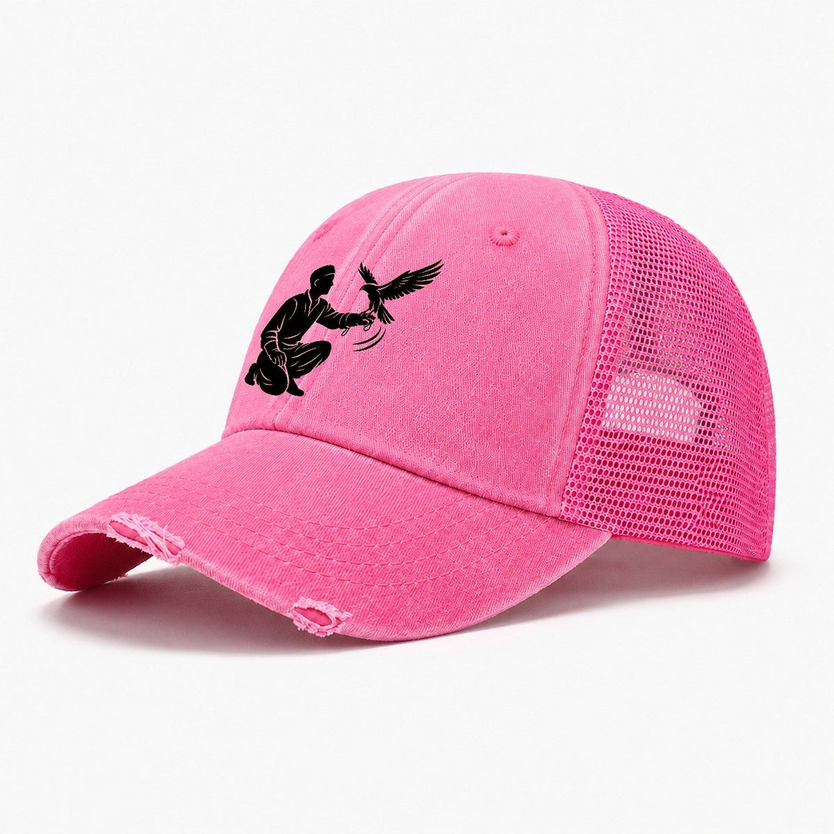 Kneeling Falconer with Falcon Washed Trucker Hat – Rose