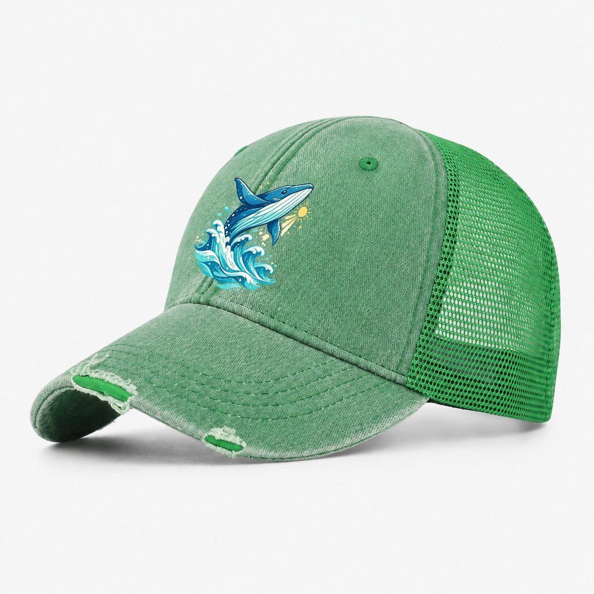 Vintage Whale Ocean Waves Washed Trucker Hat – Ink Green