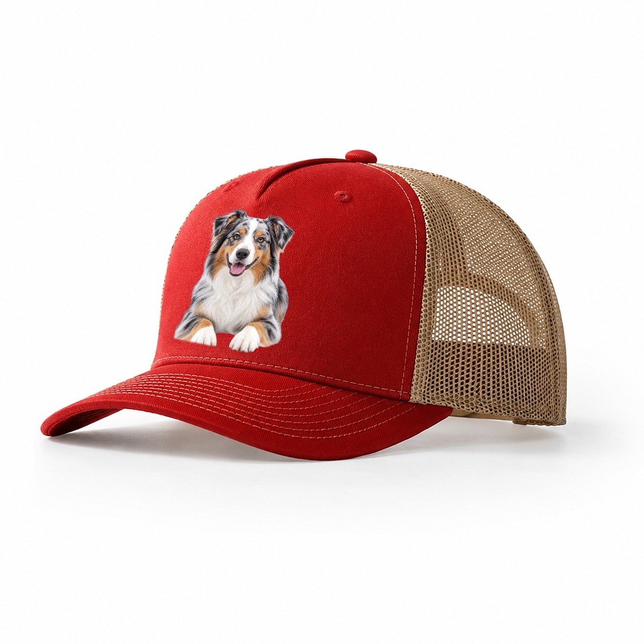 Australian Shepherd Sitting Top Breeds Trucker Hat – Red Khaki