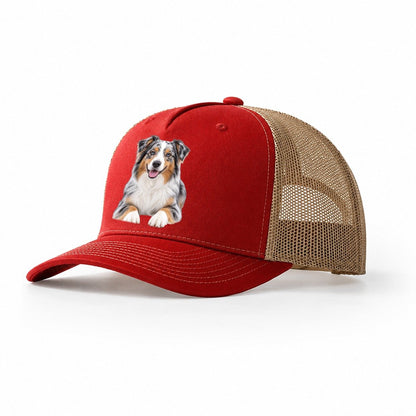 Australian Shepherd Sitting Top Breeds Trucker Hat – Red Khaki