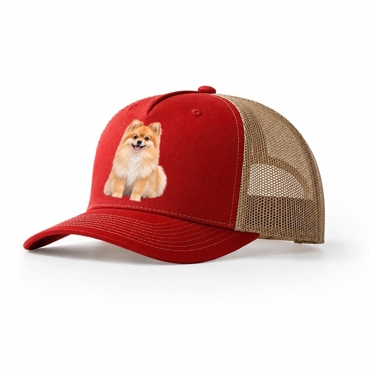 Pomeranian Sitting Top Breeds Trucker Hat – Red Khaki