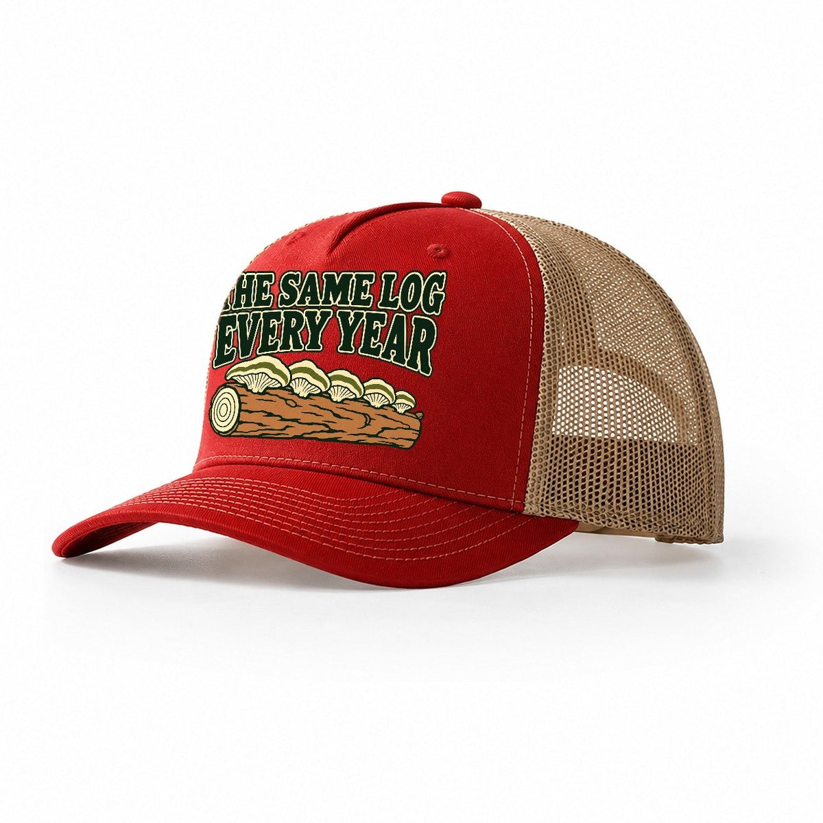 The Same Log Every Year Foraging And Mycology Trucker Hat – Red Khaki