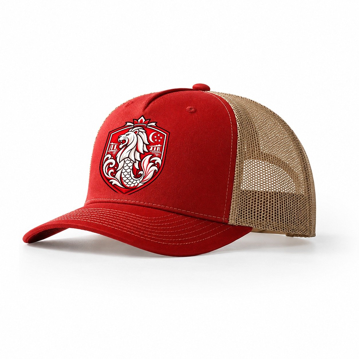 Singapore Minimal Emblem Country Logos Trucker Hat – Red Khaki