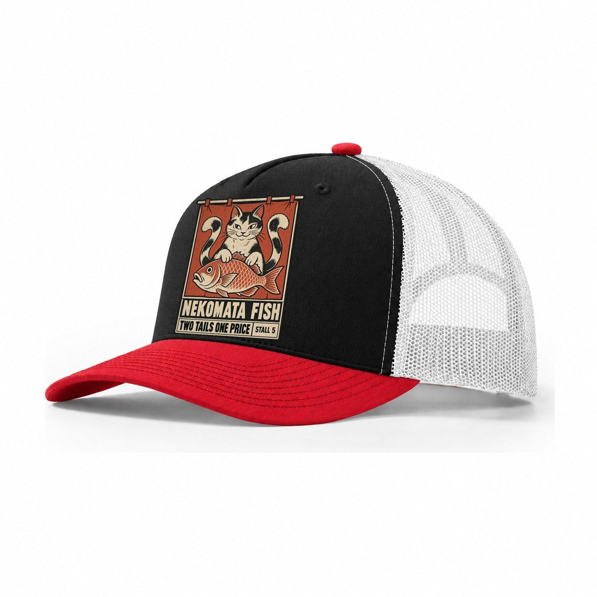 Nekomata Fish Yokai Night Market Trucker Hat – Black Red White