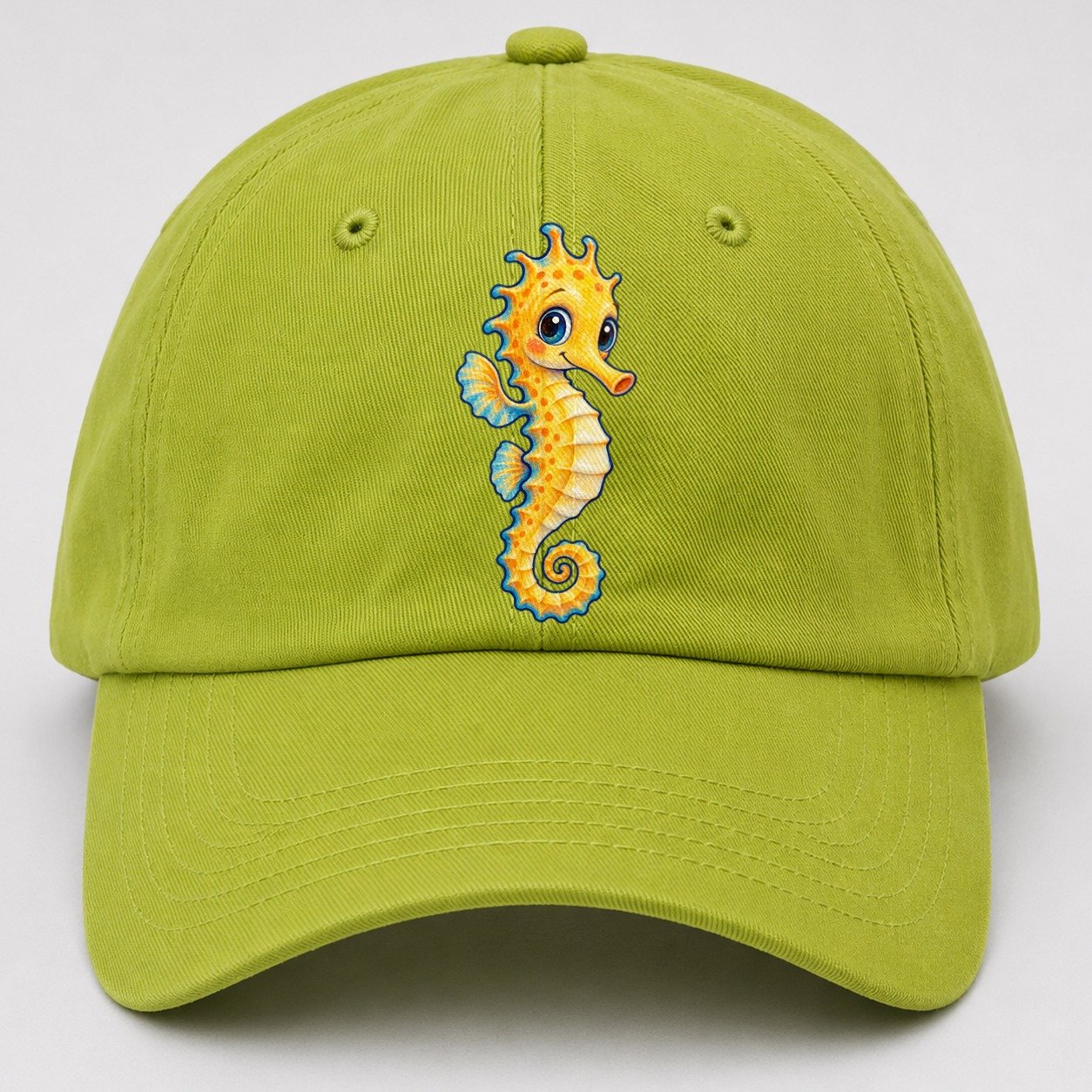 Seahorse Vertical Hello Sea Sprite Baseball Cap – Fluorescent Green
