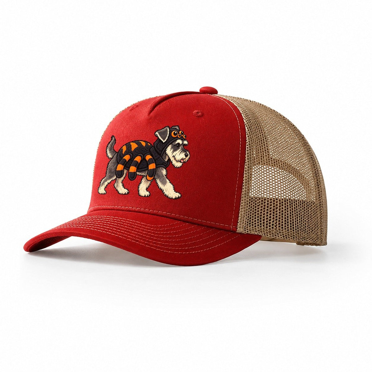 One Miniature Schnauzer In Halloween Costume Spider Costume With Four Extra Soft Plush Legs Halloween Dog Parade Trucker Hat – Red Khaki