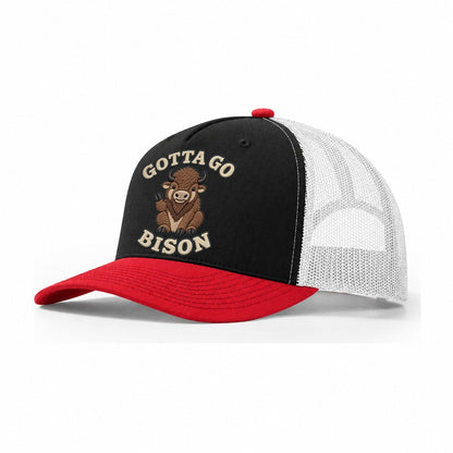 Bison Animal Puns Trucker Hat – Black Red White