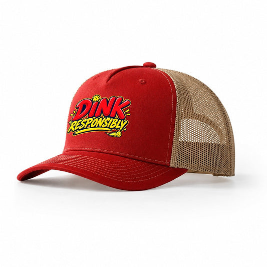 Dink Responsibly Pickleball Life Trucker Hat – Red Khaki