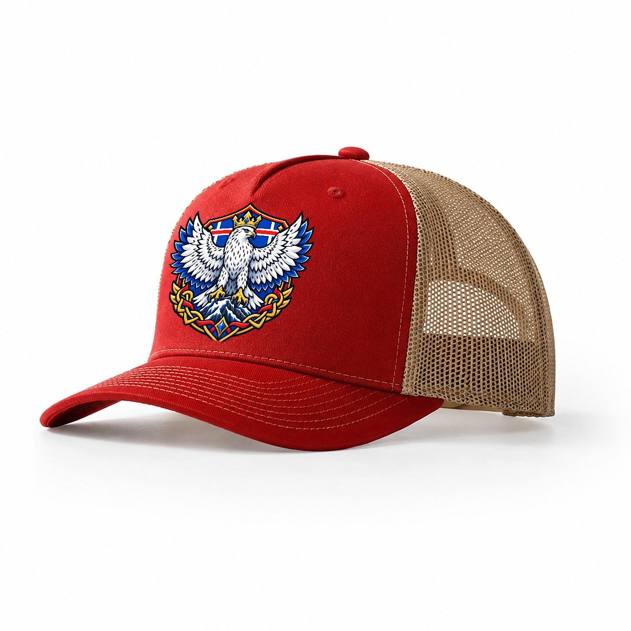 Iceland Heraldic Crest Country Logos Trucker Hat – Red Khaki