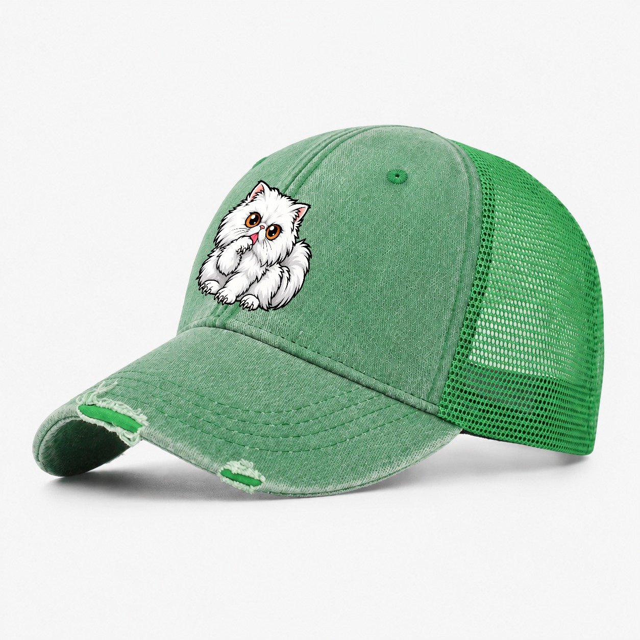 White Persian Grooming Peeking Cats Washed Trucker Hat – Ink Green