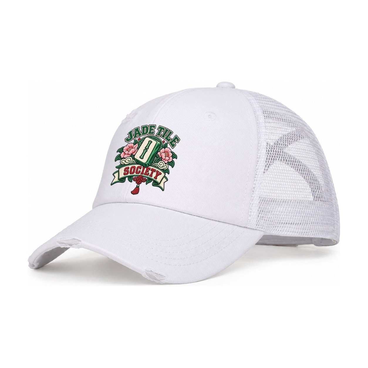 Jade Tile Society Mahjong Game Night Women's Ponytail Trucker Hat – White White