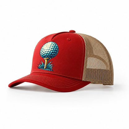 Tee And Ball Mark Golf Life Trucker Hat – Red Khaki