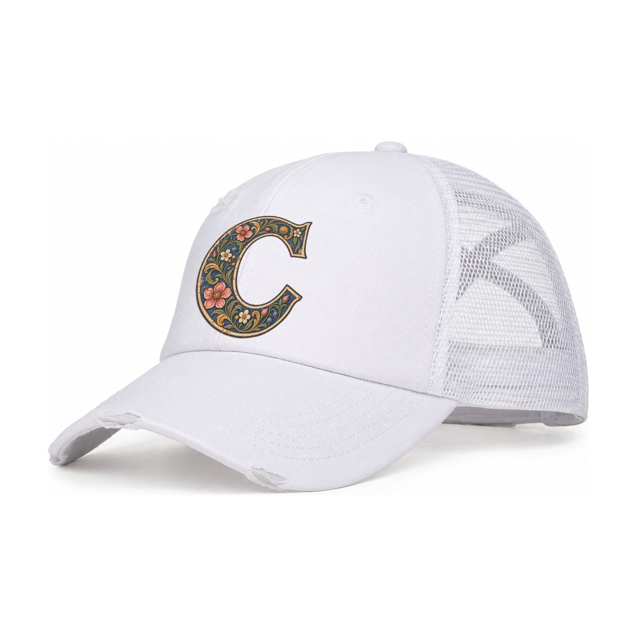 Wildflower C Monogram Women's Ponytail Trucker Hat – White White