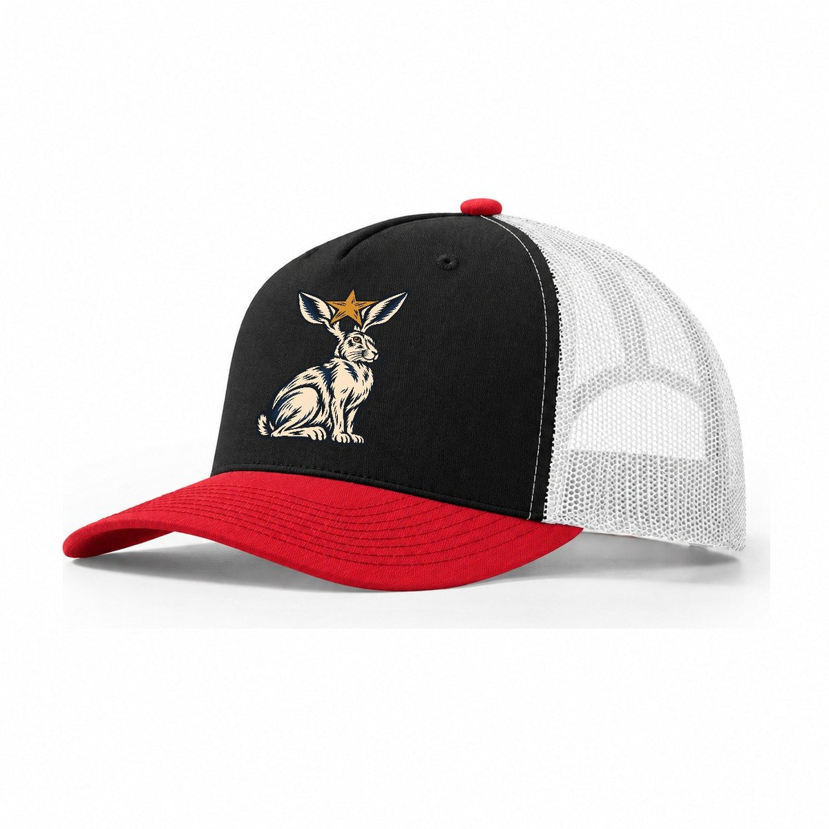 Jackrabbit Star Ears Sundown Familiars Trucker Hat – Black Red White