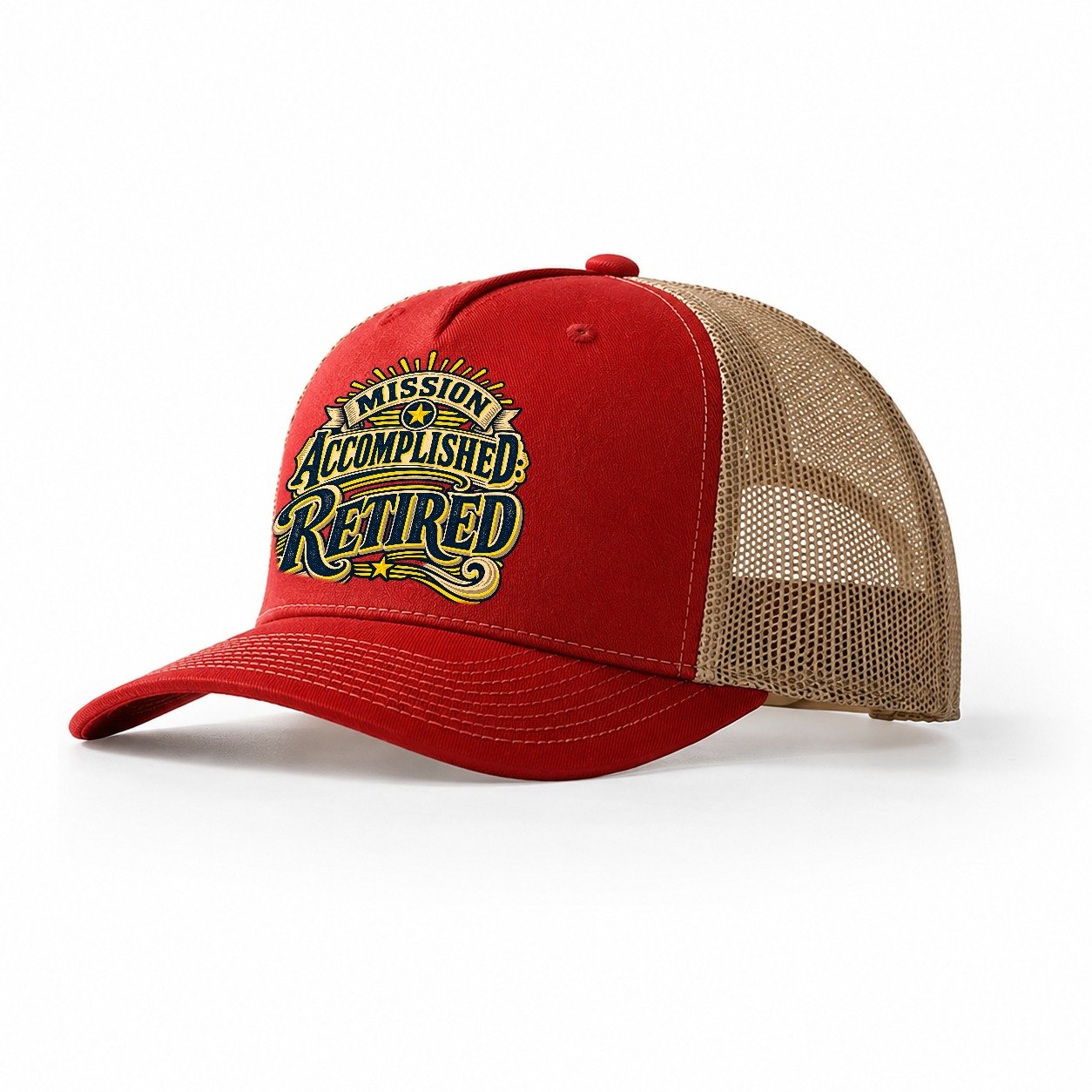 Mission Accomplished Retired Retired Living Trucker Hat – Red Khaki