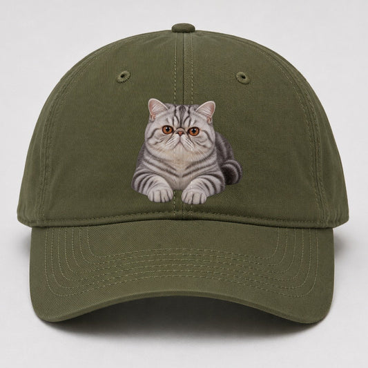 Exotic Shorthair Reclining Paws Forward Realistic Cat Portrait Baseball Cap – Army Green
