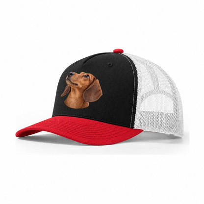 Dachshund Upturned Nose Character Club Trucker Hat – Black Red White