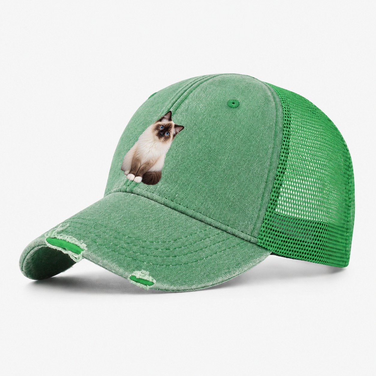 Birman Seated Portrait Realistic Cat Portrait Washed Trucker Hat – Ink Green