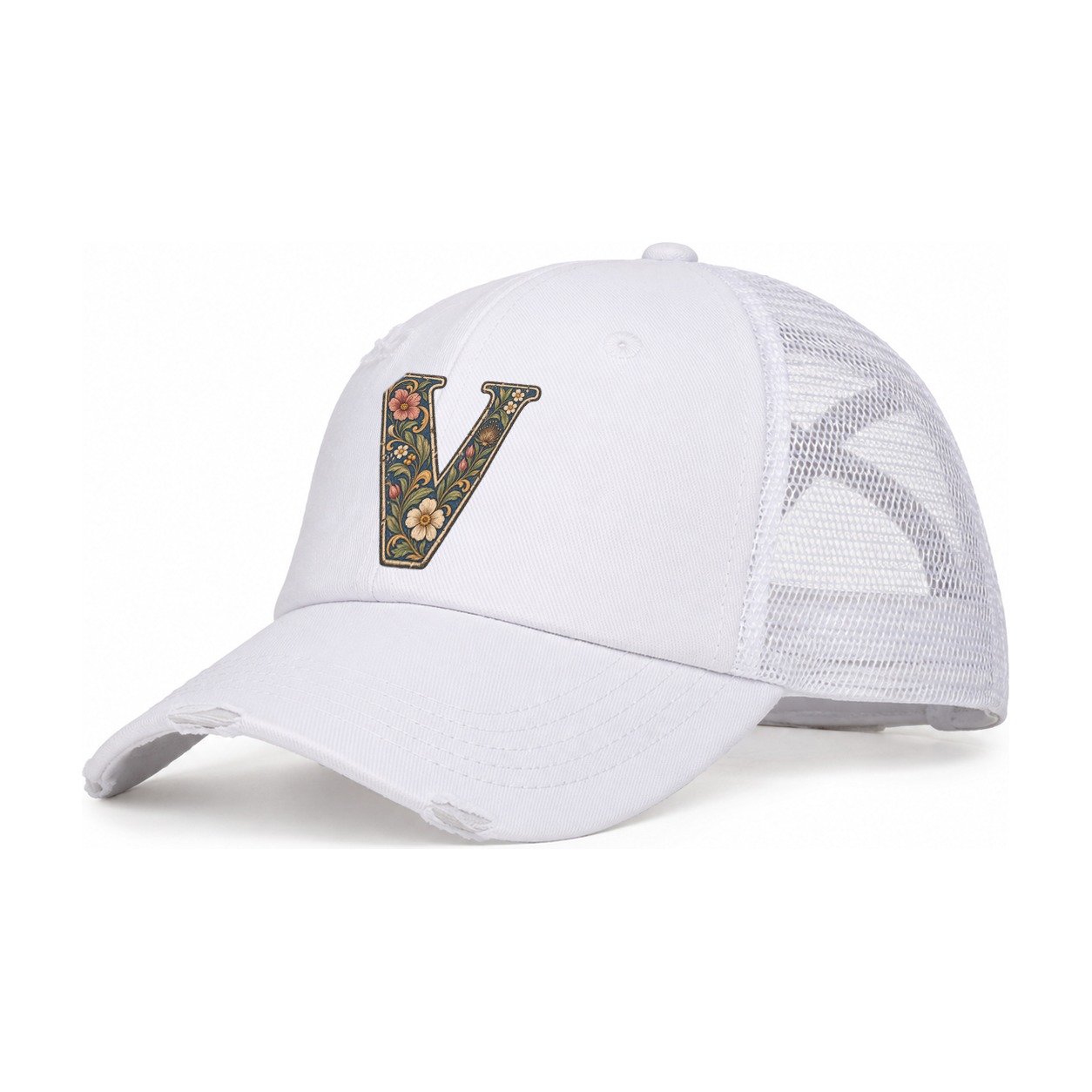Wildflower V Monogram Women's Ponytail Trucker Hat – White White