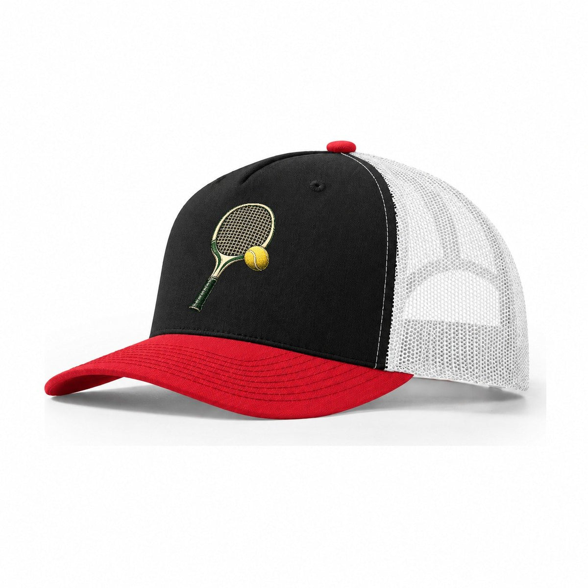 Tennis Racket Ball Balance Pastimes Companions Trucker Hat – Black Red White