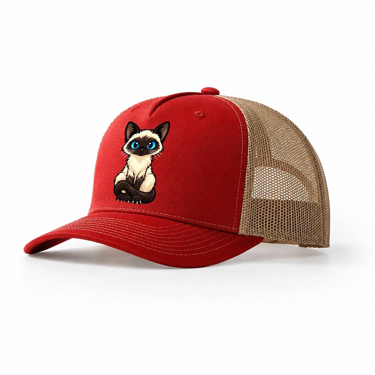 Siamese Sitting Tall Peeking Cats Trucker Hat – Red Khaki