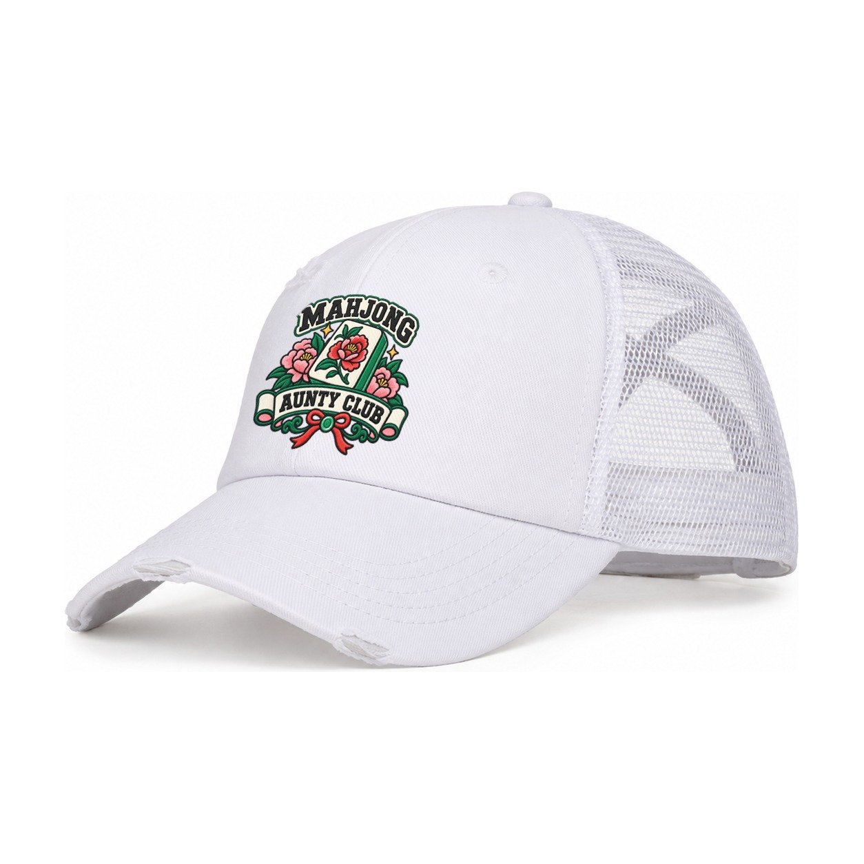 Mahjong Aunty Club Mahjong Game Night Women's Ponytail Trucker Hat – White White