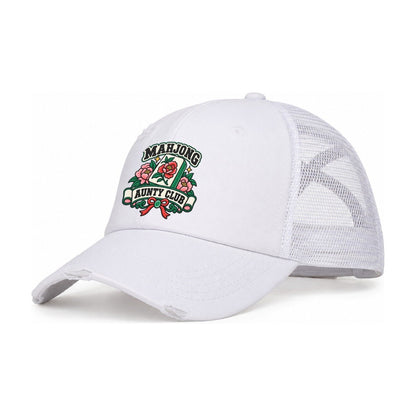 Mahjong Aunty Club Mahjong Game Night Women's Ponytail Trucker Hat – White White