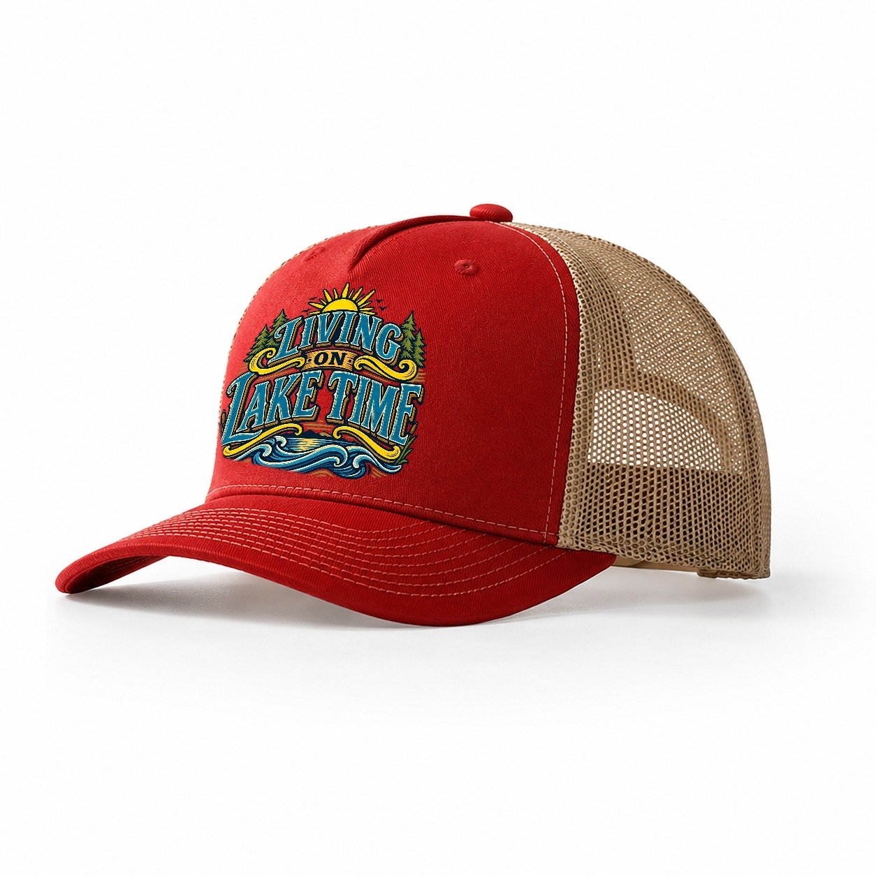Living On Lake Time Retired Living Trucker Hat – Red Khaki