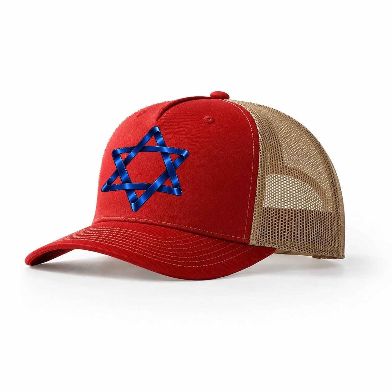 Star Of David Single Line Judaism Heritage Trucker Hat – Red Khaki