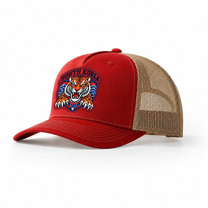 South Korea Retro Badge Country Logos Trucker Hat – Red Khaki