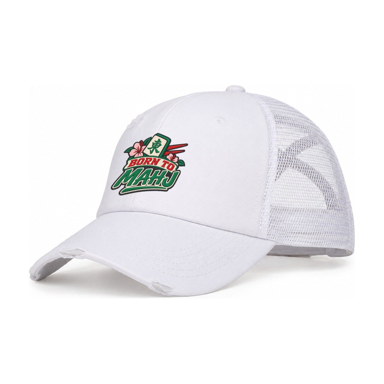 Born To Mahj Mahjong Game Night Women's Ponytail Trucker Hat – White White