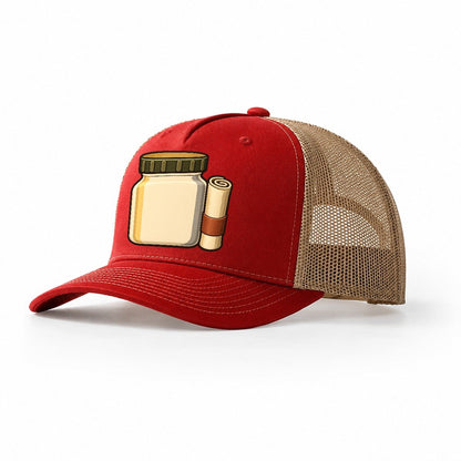 Jar Cache And Log Roll Geocaching Trucker Hat – Red Khaki