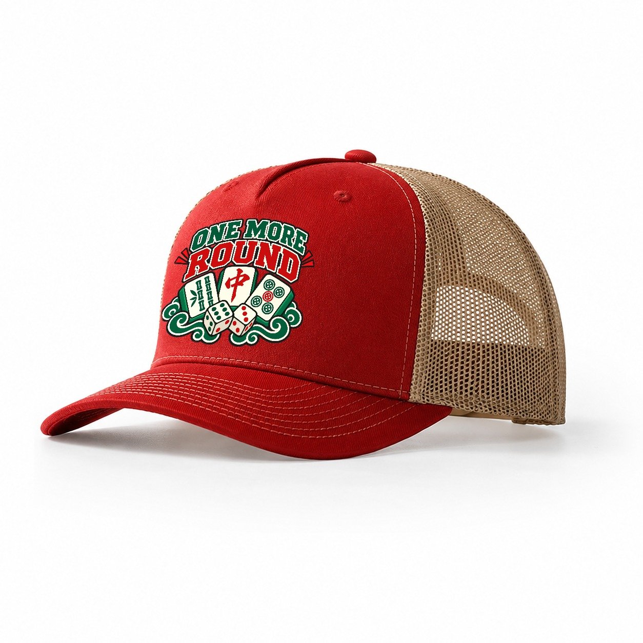 One More Round Mahjong Game Night Trucker Hat – Red Khaki