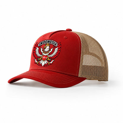 Indonesia Retro Badge Country Logos Trucker Hat – Red Khaki