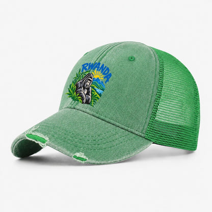Rwanda Retro Badge Logo Washed Trucker Hat – Ink Green