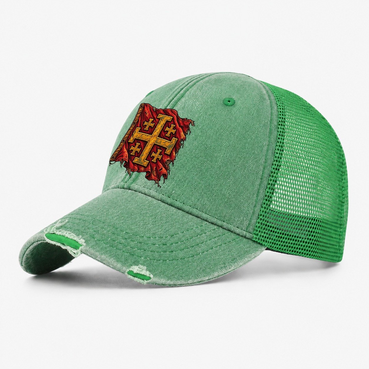 Sun Bleached Linen Flag Jerusalem Cross Washed Trucker Hat – Ink Green