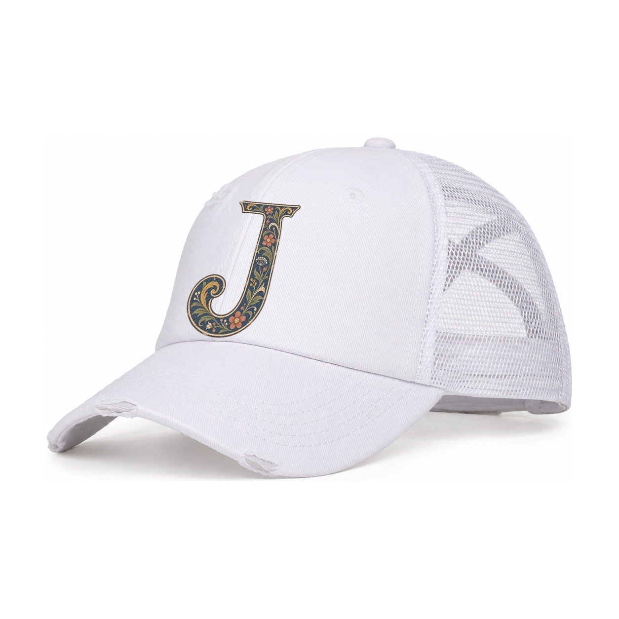 Wildflower J Monogram Women's Ponytail Trucker Hat – White White