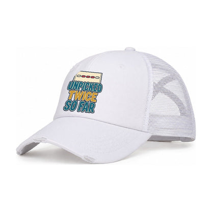 Unpicked Twice So Far And Needlework Women's Ponytail Trucker Hat – White White