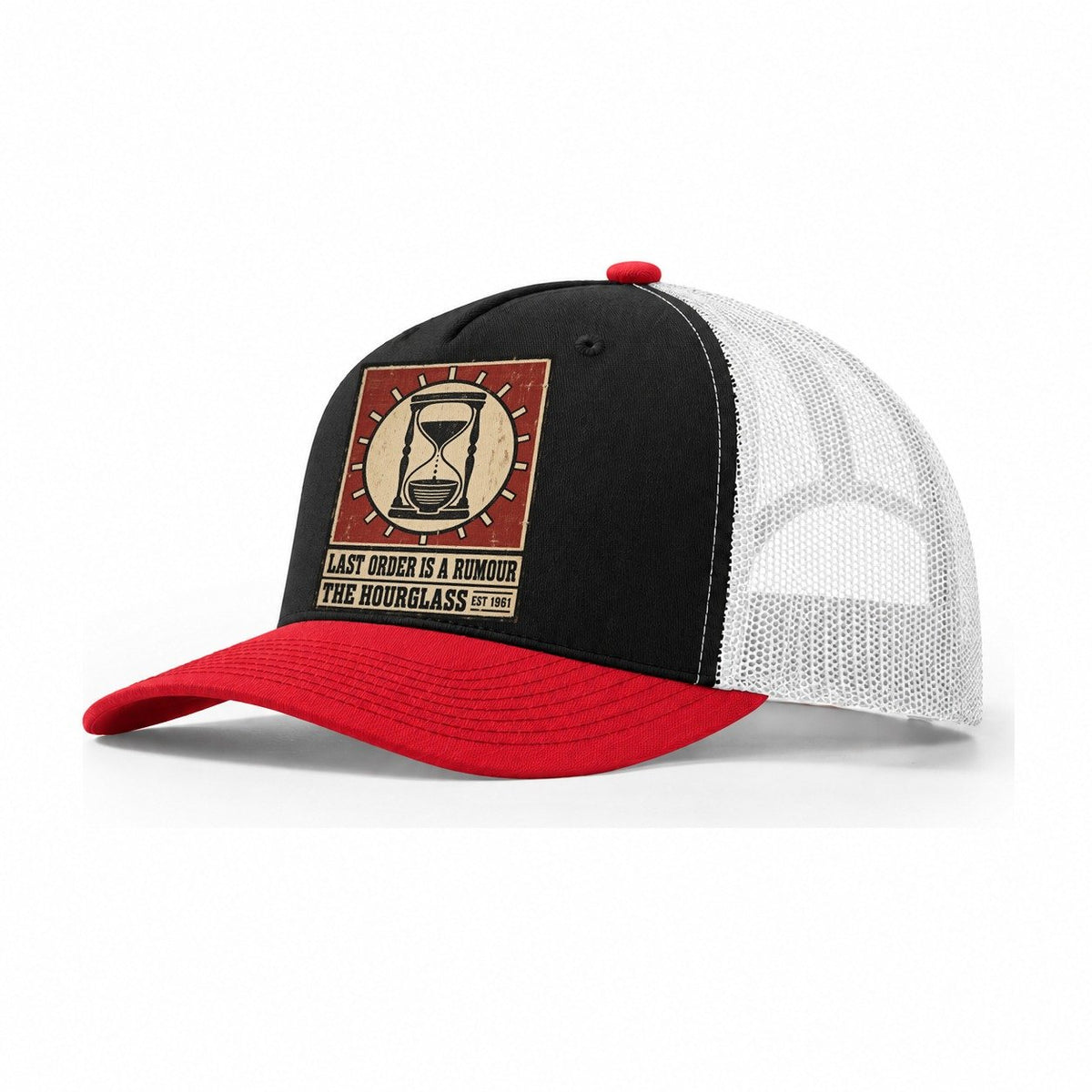 Hourglass Hour Izakaya Rules Trucker Hat – Black Red White