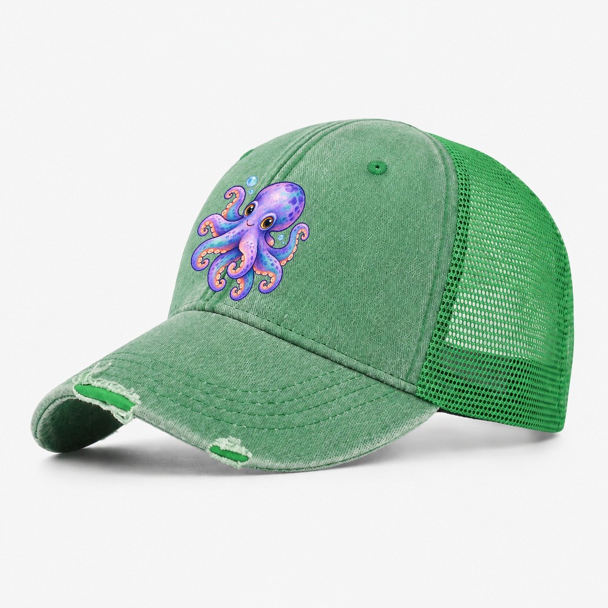 Octopus Playful Pinwheel Sea Sprite Washed Trucker Hat – Ink Green